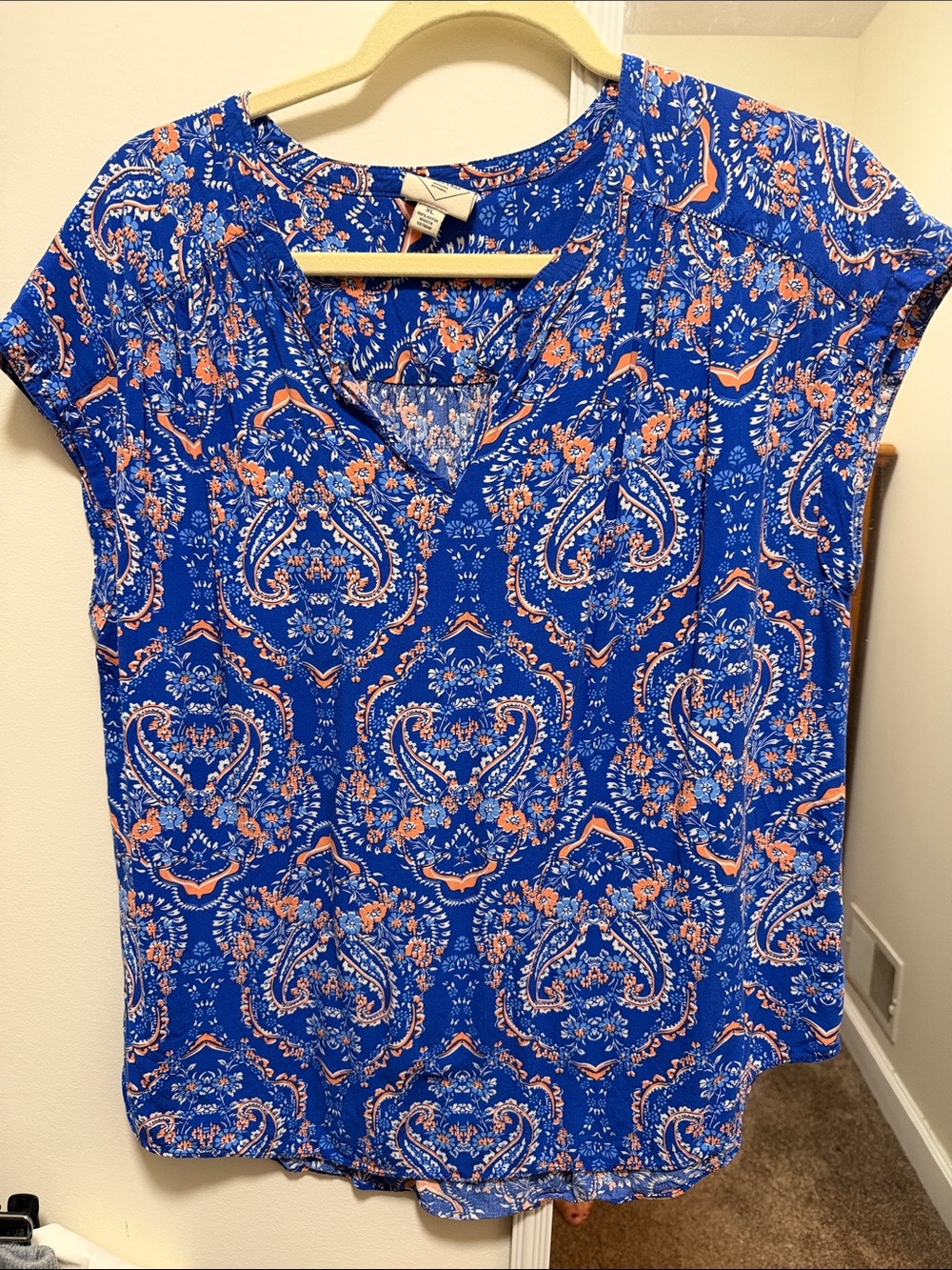 Lucky Brand Royal Blue Paisley V-Neck Blouse with Orange Accents